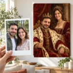 Cuplul regal pe tron: poza ținută în mână ca polaroid și tabloul lor (portret regal) pe perete
