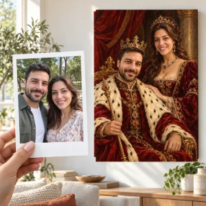Cuplul regal pe tron: poza ținută în mână ca polaroid și tabloul lor (portret regal) pe perete