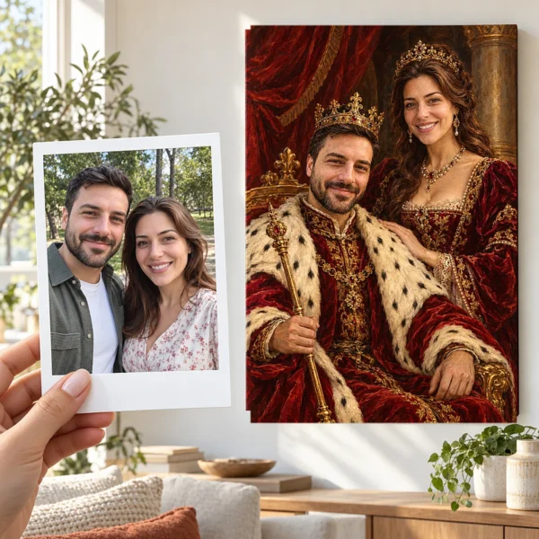 Cuplul regal pe tron: poza ținută în mână ca polaroid și tabloul lor (portret regal) pe perete Cuplul regal pe tron: poza ținută în mână ca polaroid și tabloul lor (portret regal) pe perete