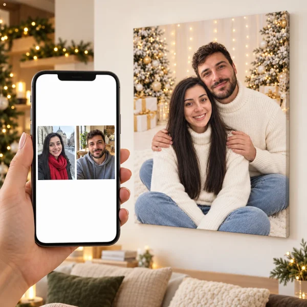 Pozele separate ale unui cuplu pe telefon și portretul lor de Crăciun pe perete