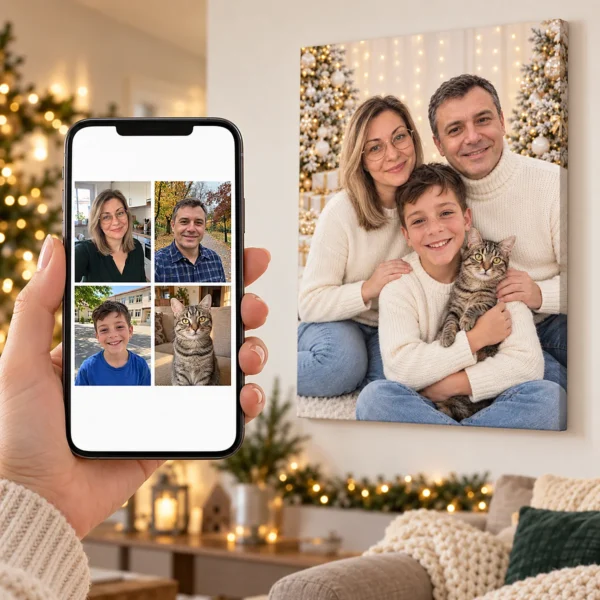 Pozele separate ale unei familii pe telefon și portretul lor de Crăciun pe peretele din living