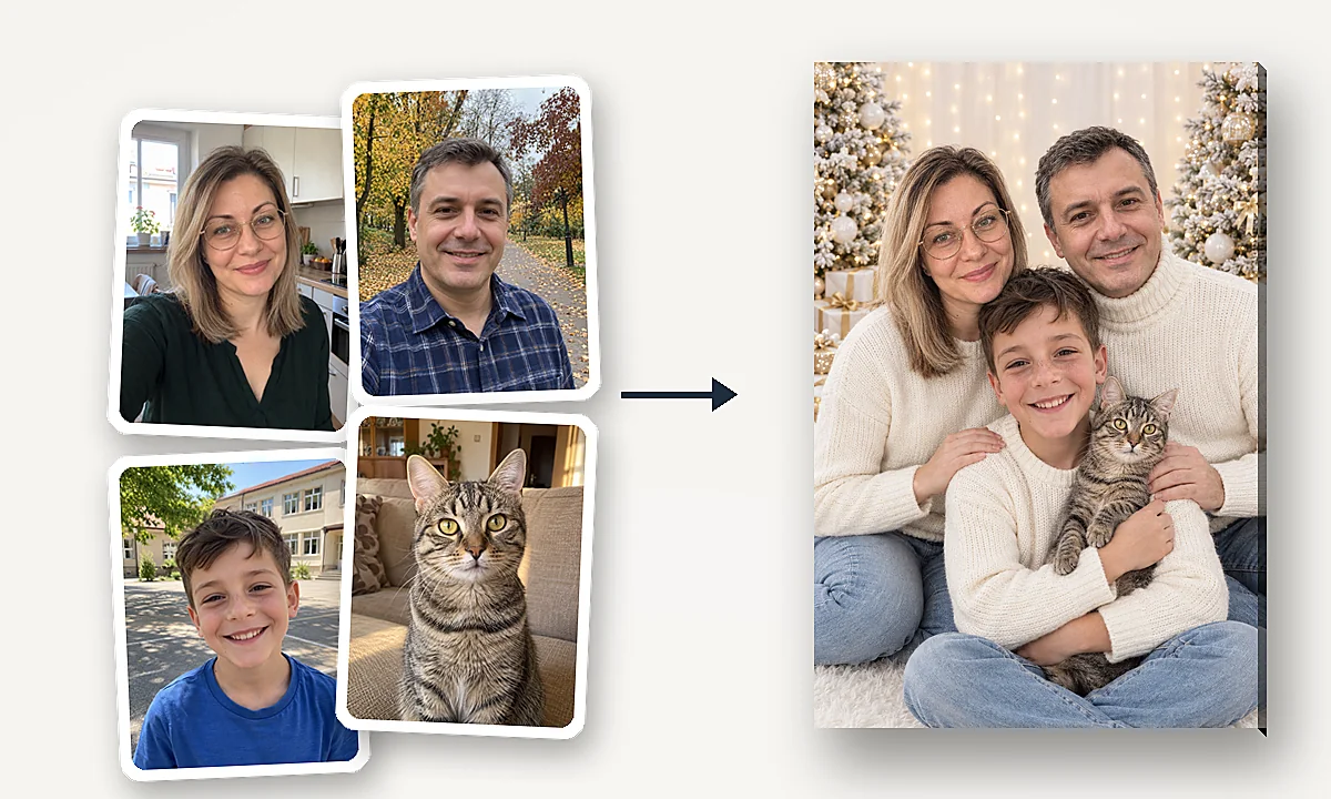 Pozele separate ale unei familii cu pisica și portretul lor de Crăciun