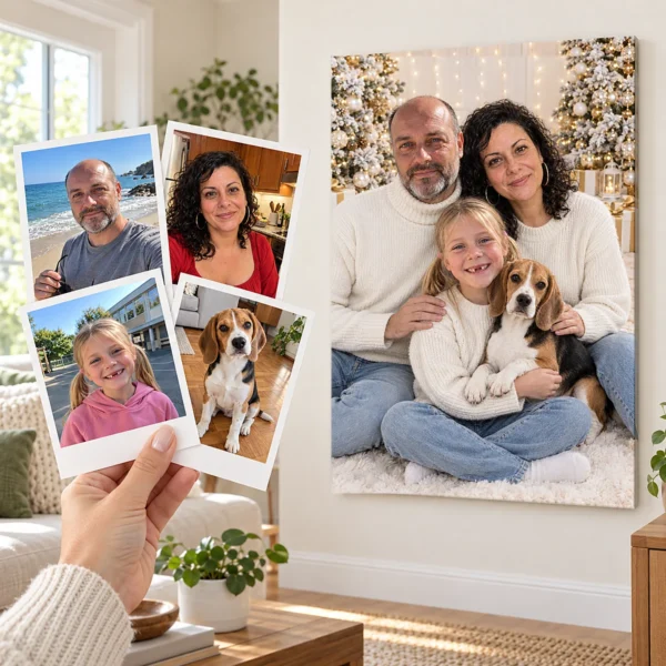 Familia cu beagle-ul: poza ca polaroid, în mână, și tabloul lor (portret de familie de crăciun) pe perete