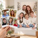 Părinții și cei trei copii: poza ca polaroid, în mână, și tabloul lor (portret de familie de crăciun) pe perete