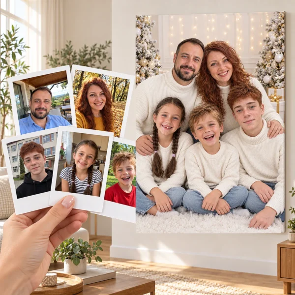 Părinții și cei trei copii: poza ca polaroid, în mână, și tabloul lor (portret de familie de crăciun) pe perete