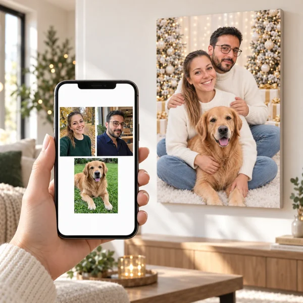 Cuplul cu golden retrieverul: poza pe telefon și tabloul lor (portret de familie de crăciun) pe perete