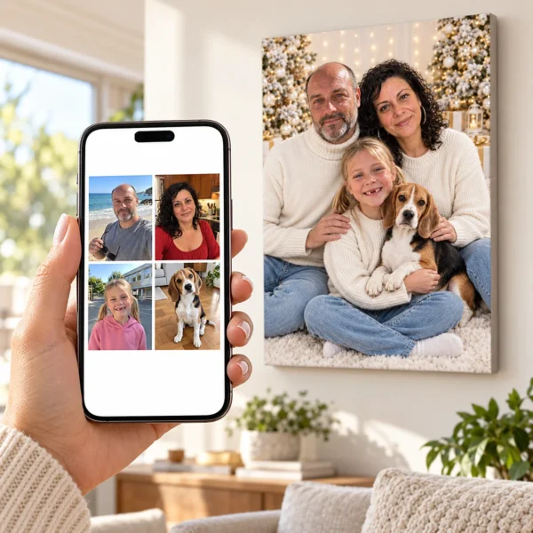 Familia cu beagle-ul: poza pe telefon și tabloul lor (portret de familie de crăciun) pe perete