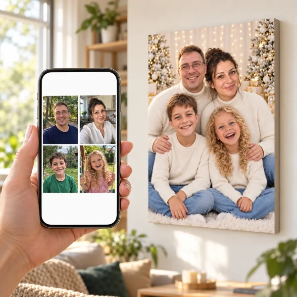 Părinții și cei doi copii: poza pe telefon și tabloul lor (portret de familie de crăciun) pe perete