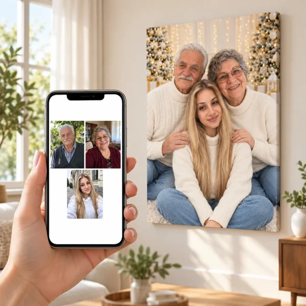 Bunicii și nepoata: poza pe telefon și tabloul lor (portret de familie de crăciun) pe perete