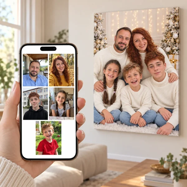 Părinții și cei trei copii: poza pe telefon și tabloul lor (portret de familie de crăciun) pe perete
