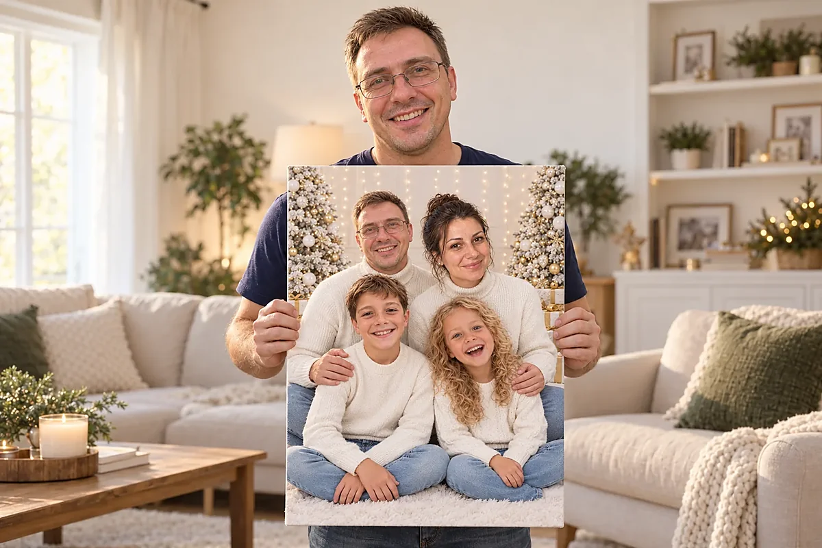 Tatăl ține tabloul cu portretul de Crăciun al familiei