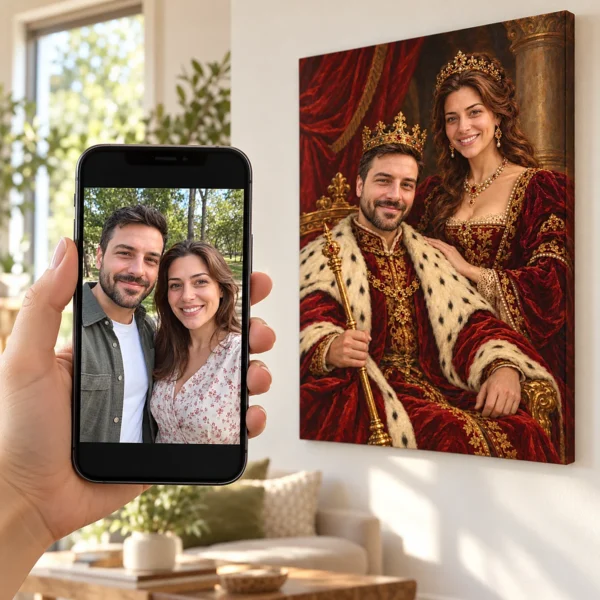 Poza unui cuplu pe telefon și portretul regal pictat din ea, pe peretele din living
