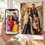 Poza unei familii pe telefon și portretul regal în grădina palatului, pe perete
