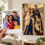 Familia în grădina palatului: poza ca polaroid, în mână, și tabloul lor (portret regal) pe perete
