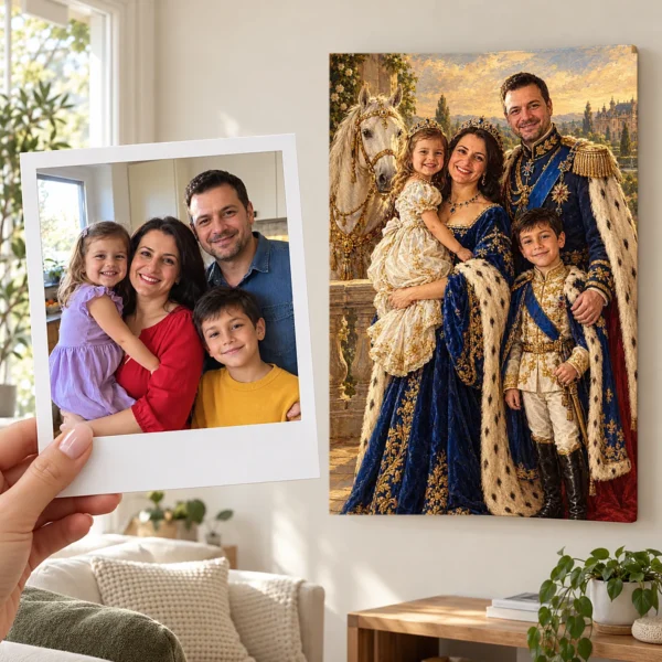 Familia în grădina palatului: poza ca polaroid, în mână, și tabloul lor (portret regal) pe perete