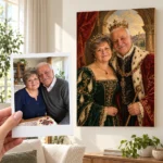 Cuplul la aniversare: poza ca polaroid, în mână, și tabloul lor (portret regal) pe perete