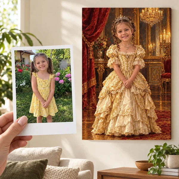 Mica prințesă: poza ca polaroid, în mână, și tabloul lor (portret regal) pe perete