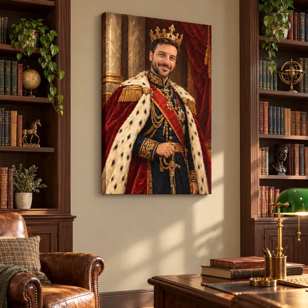 Portret regal în uniformă imperială, pe peretele unui birou cu biblioteci