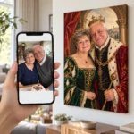 Cuplul la aniversare: poza pe telefon și tabloul lor (portret regal) pe perete