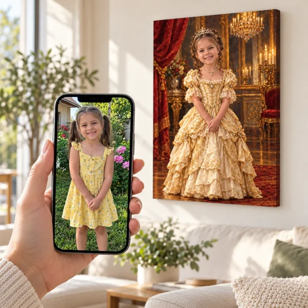 Mica prințesă: poza pe telefon și tabloul lor (portret regal) pe perete